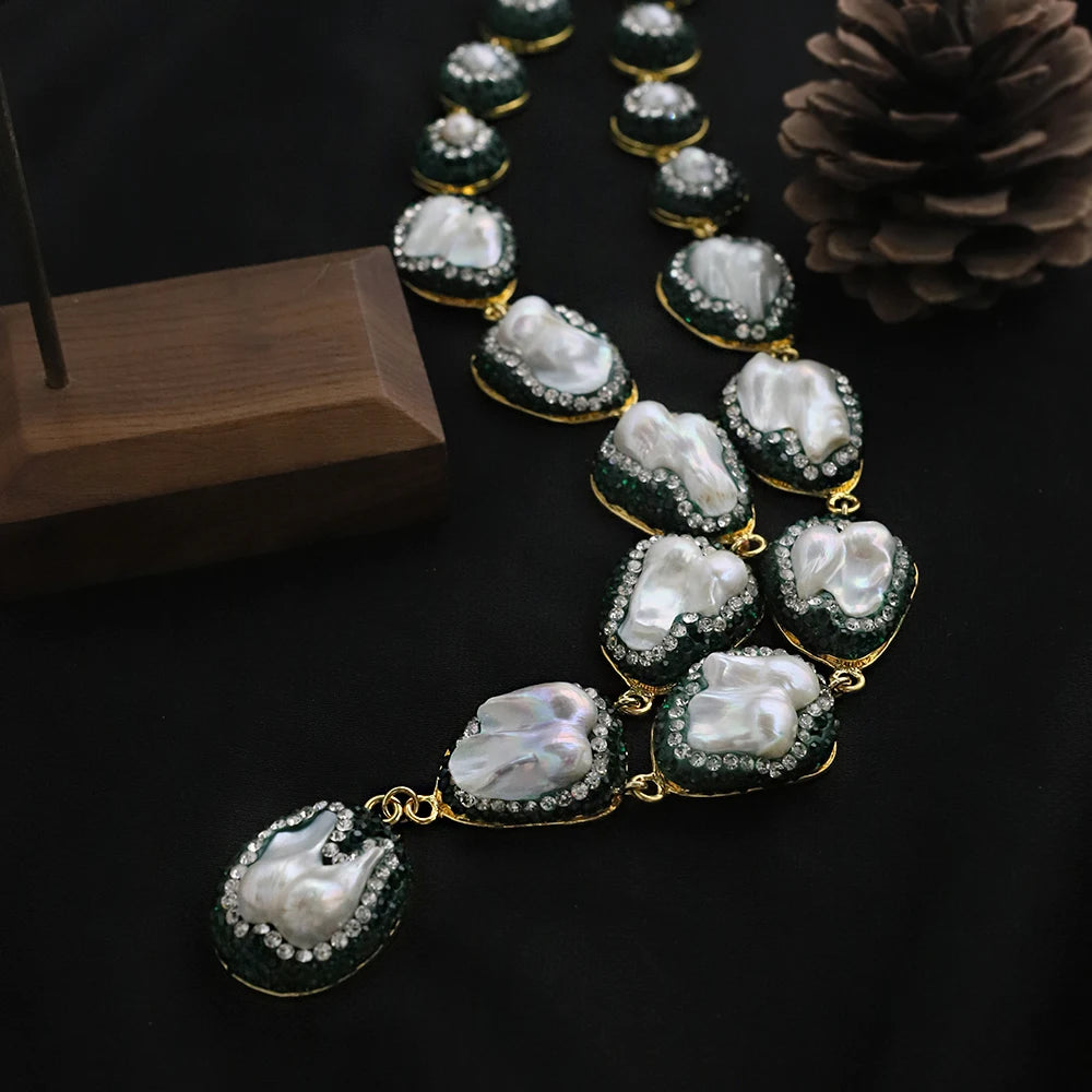 Natural Baroque Pearl Inlaid Zircon Green Necklace Korean Style Women Luxury Jewelry Fashion Ladies and Girls Gift GN0701
