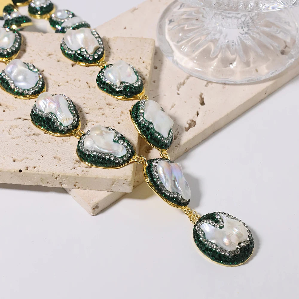 Natural Baroque Pearl Inlaid Zircon Green Necklace Korean Style Women Luxury Jewelry Fashion Ladies and Girls Gift GN0701