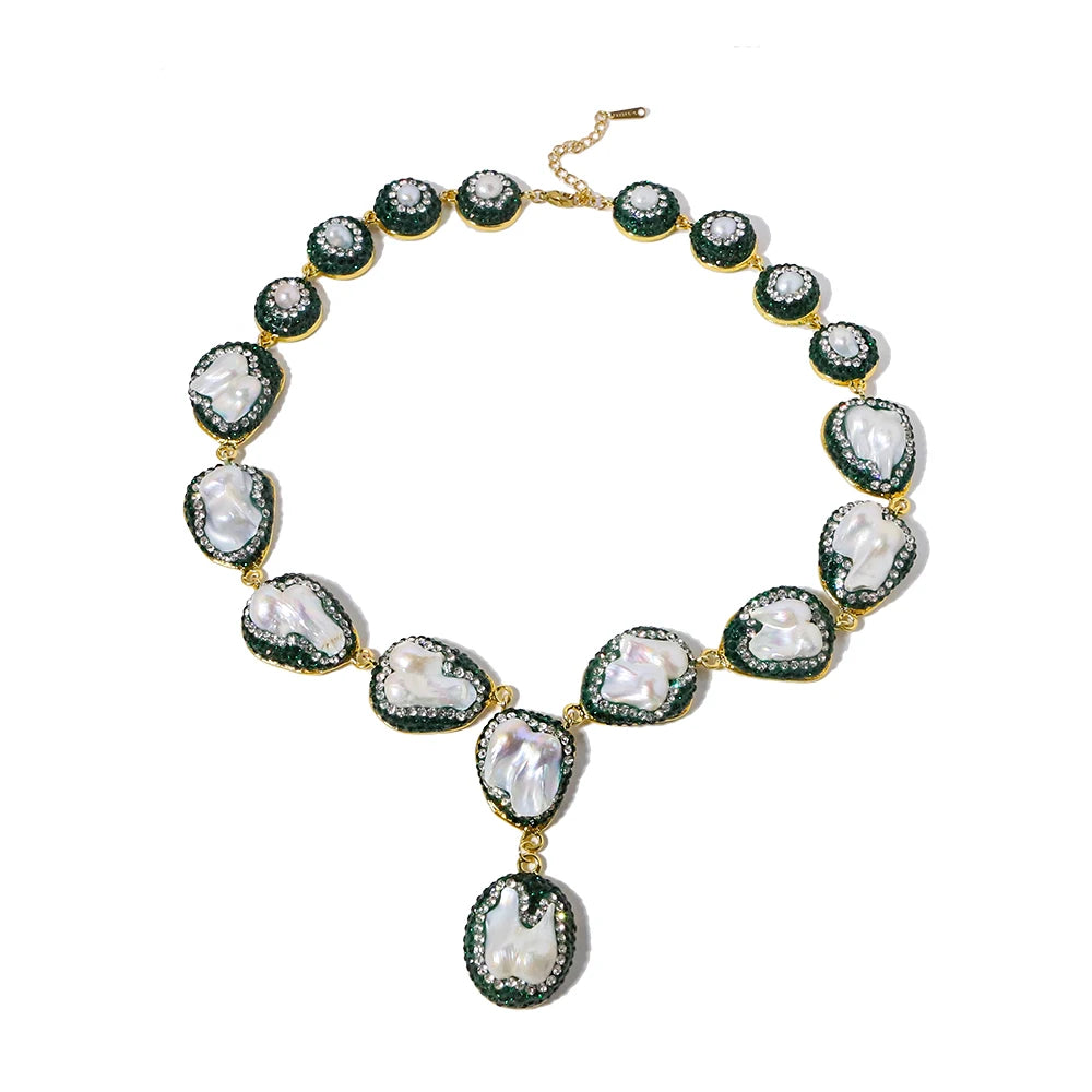 Natural Baroque Pearl Inlaid Zircon Green Necklace Korean Style Women Luxury Jewelry Fashion Ladies and Girls Gift GN0701