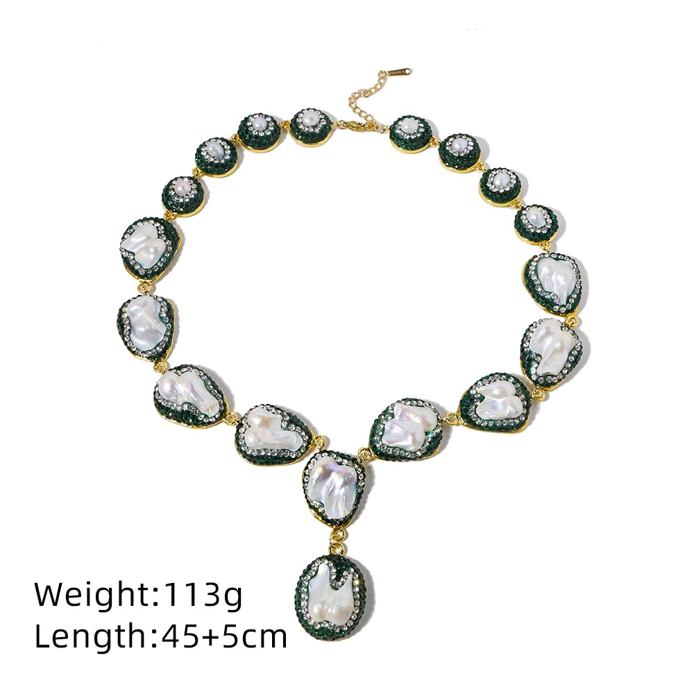 Natural Baroque Pearl Inlaid Zircon Green Necklace Korean Style Women Luxury Jewelry Fashion Ladies and Girls Gift GN0701