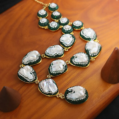 Natural Baroque Pearl Inlaid Zircon Green Necklace Korean Style Women Luxury Jewelry Fashion Ladies and Girls Gift GN0701